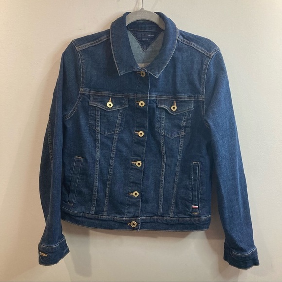 TOMMY HILFIGER Sz L Classic Collared Metal Buttons Stretch Denim Jeans  Jacket - Picture 1 of 12